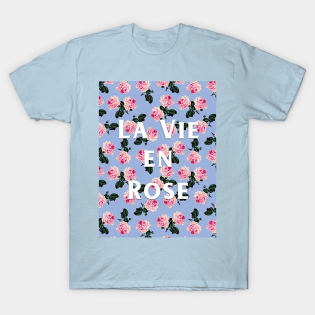 La Vie En Rose on blue - pink scattered vintage roses on blue T-Shirt by bettyretro